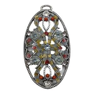 Vintage Silver Tone Beaded Oval Pendant Signed LC